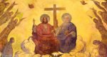 Loving the Trinity VIENNA, AUSTIRA - JUNI 18, 2021: The detail of fresco of Holy Trinity among the angels in the main apse of Herz Jesu church from begin of 20. cent. by autor with F.Z. initials.