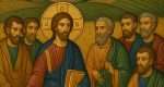 Jesus and disciples walking through field of grain