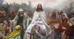 Artistic depiction of Jesus on Palm Sunday with palm branches