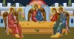 Sacred Byzantine icon depicting the Hospitality of Abraham and the Holy Trinity