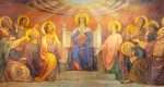 BERN, SWITZERLAND - JUNY 27, 2022: The fresco of Pentecost in the church Dreifaltigkeitskirche by August Müller (1923).