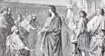 A Confrontation of Love SEBECHLEBY, SLOVAKIA - JULY 27, 2015: Jesus and the Scribes and Pharisees. Lithography by unknown artist in the book "Zivot Jezisa Krista bozskeho Spasitela naseho" printed in Trnava 1907 .
