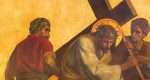 BERLIN, GERMANY, FEBRUARY - 16, 2017:  The paint on the metal plate - Simon of Cyrene helps Jesus carry the cross in church St. Matthew  by Philipp Schumacher (1907 - 1915).